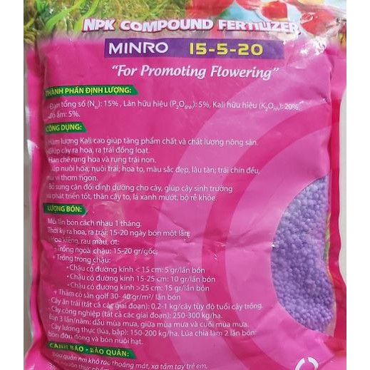 Phân tím MINRO 15-5-20 1kg hỗn hợp NPK ra hoa ra trái nuôi hoa nuôi trái