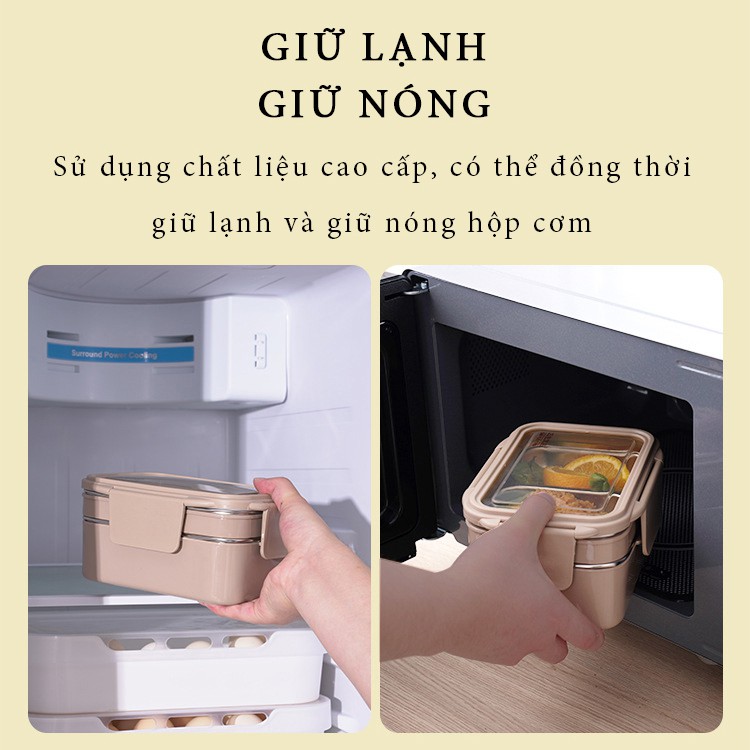 (kèm túi cách nhiệt) Hộp Đựng Cơm Văn Phòng giữ nhiệt 2 tầng 3 ngăn ruột inox 304 không rỉ cao cấp
