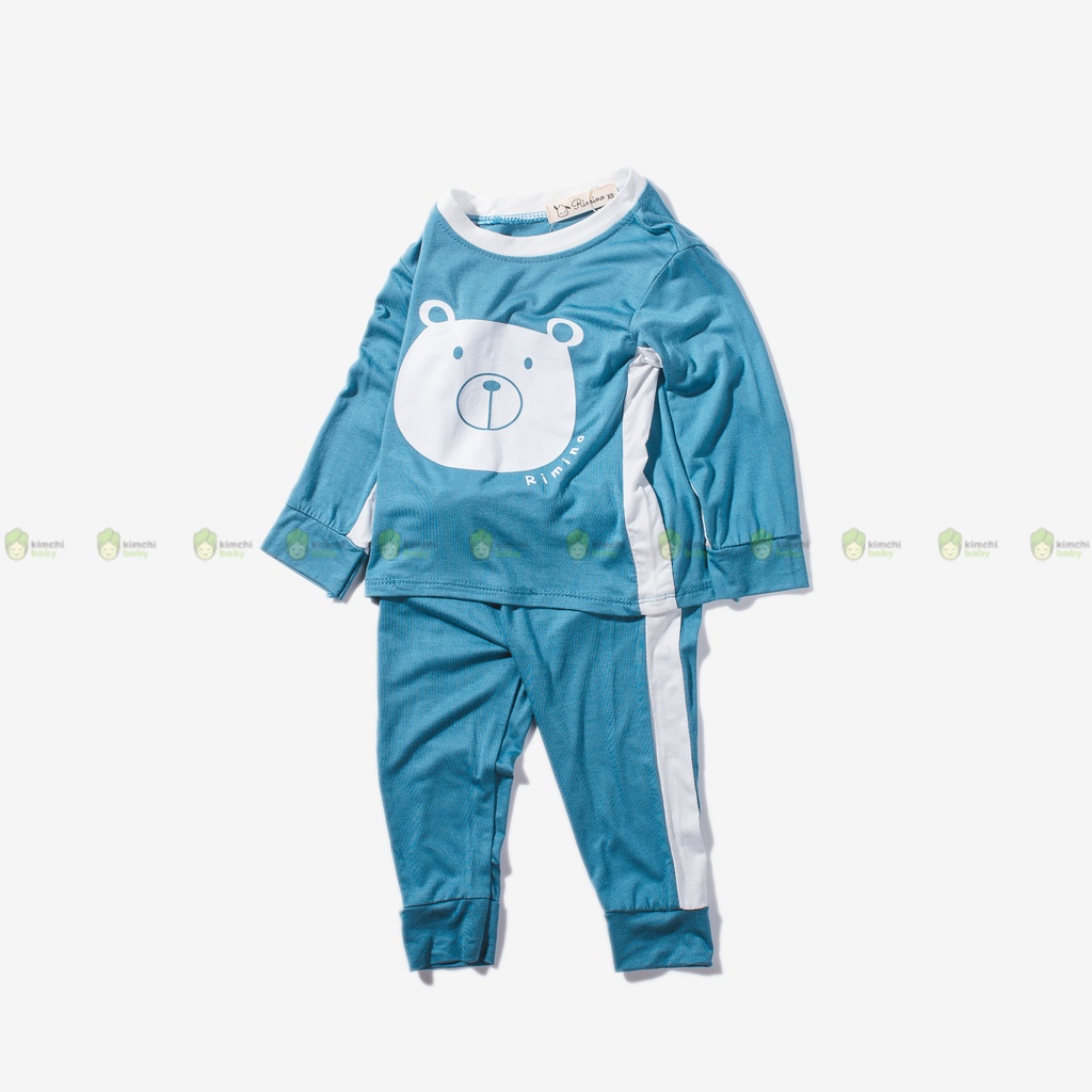 Bộ Dài Tay Bé Gái, Bé Trai KIMCHIBABY Vải Thun Lạnh Hoạ Tiết Mặt Gấu Dễ Thương, Bộ Quần Áo Trẻ Em Thu Đông KWTD2202