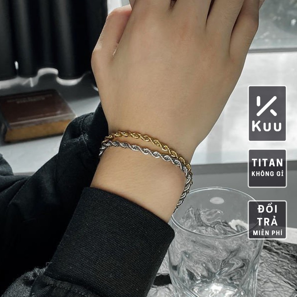 Vòng tay nam nữ Kuu Studio kiểu xoắn thép titan cao cấp màu bạc, lắc tay phong cách thời trang titan không gỉ- VT smooth