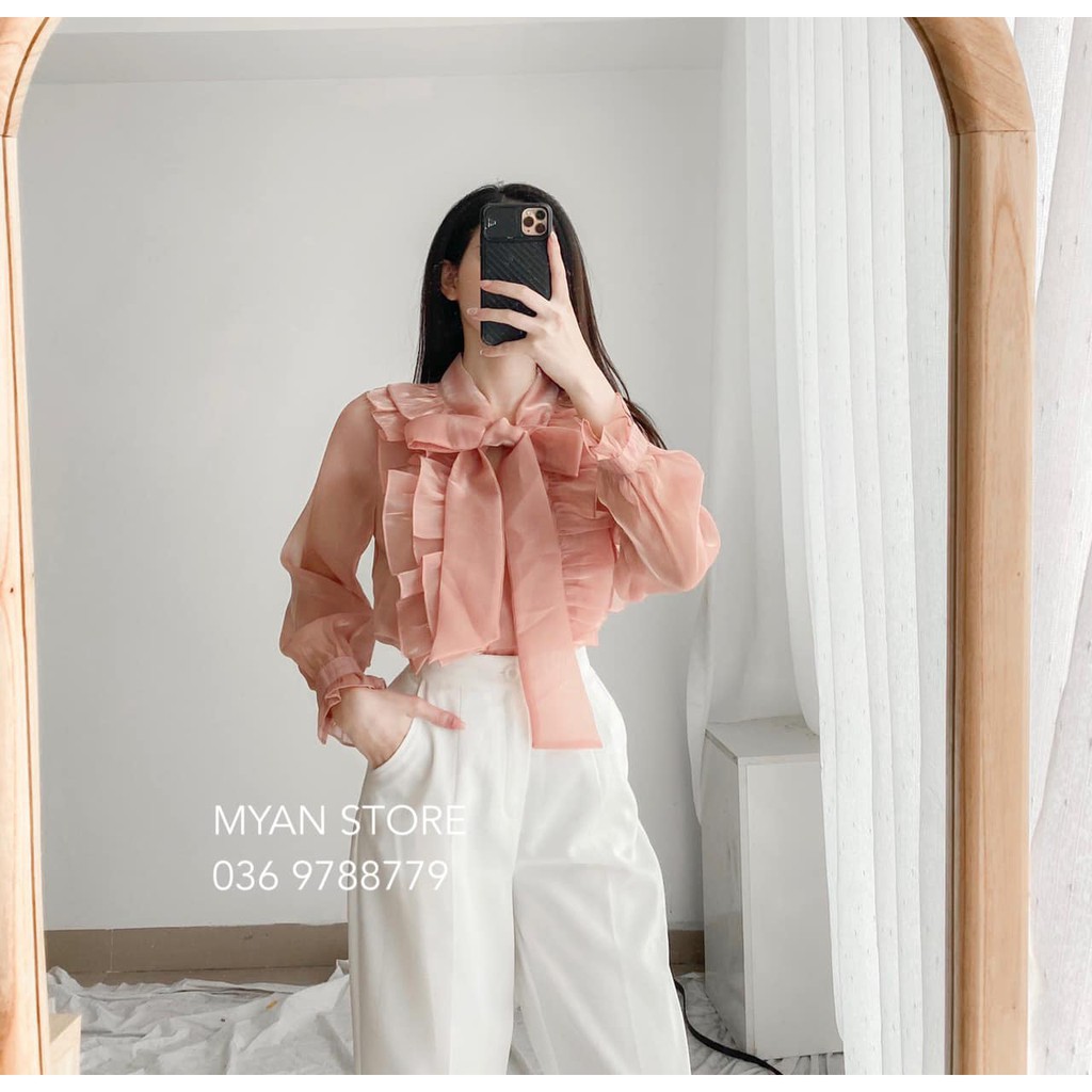 Áo organza cổ nơ bèo dọc AVN032117