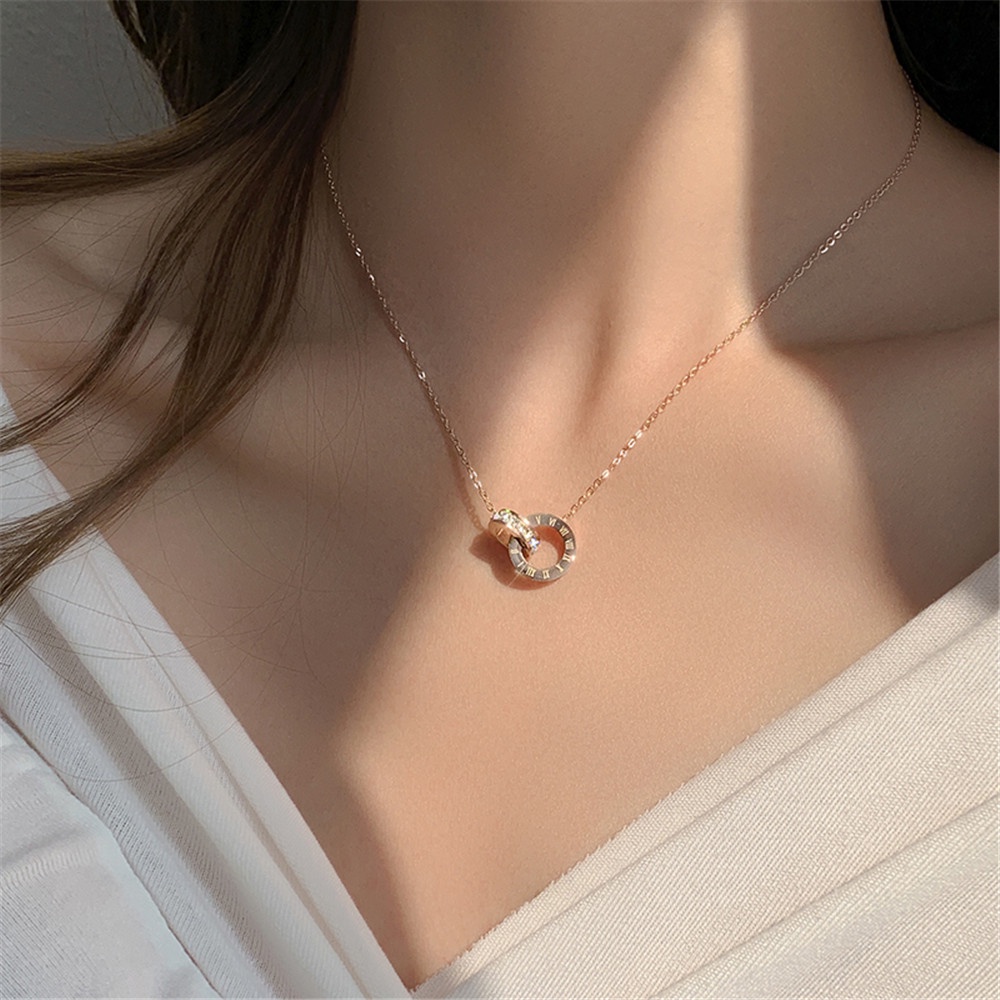 1 Vòng cổ thép titan mặt nhẫn đôi đính đá zircon đơn giản cho nữ