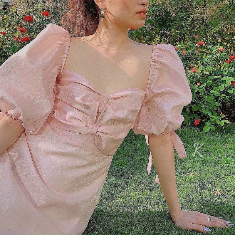 đầm hồng tafta xếp ngực