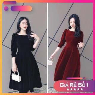 VÁY NHUNG CỔ THUYỀN ĐÍNH NƠ VAI 2 MÀU NỮ ( HÀNG THIẾT KẾ )