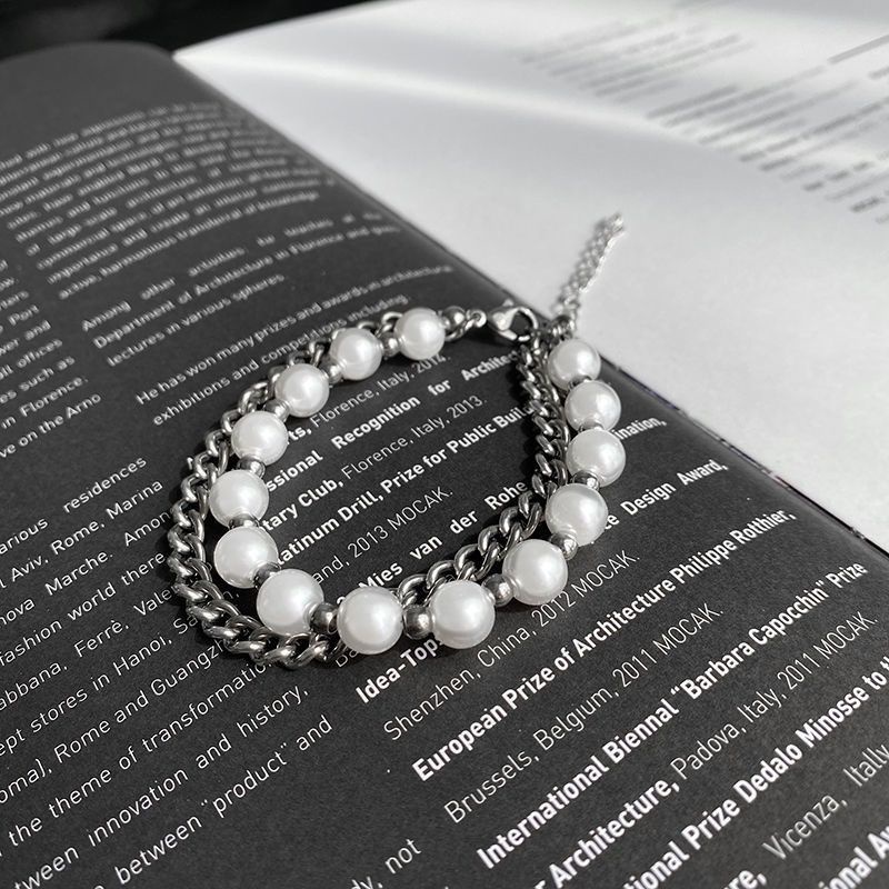 Vòng tay hai lớp đính ngọc trai phong cách hip hop thời trang