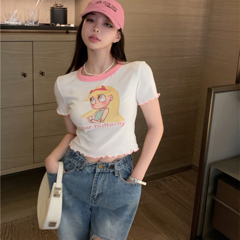 Áo Thun Nữ Tay Ngắn Dáng Ôm In Họa Tiết Hoạt Hình Dễ Thương