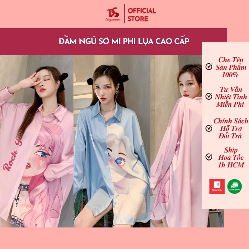 [Cao Cấp] Đầm Ngủ Pajamas Sơ Mi Phom Rộng Phi Lụa Cao Cấp, Đầm Sơ Mi Lụa Satin Mịn Mát &amp; Ít Nhăn Rock Girl