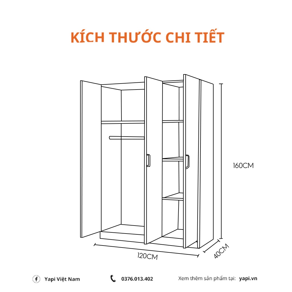 Tủ quần áo bằng gỗ tiện lợi, giúp phòng ngủ gọn gàng GHC-51464
