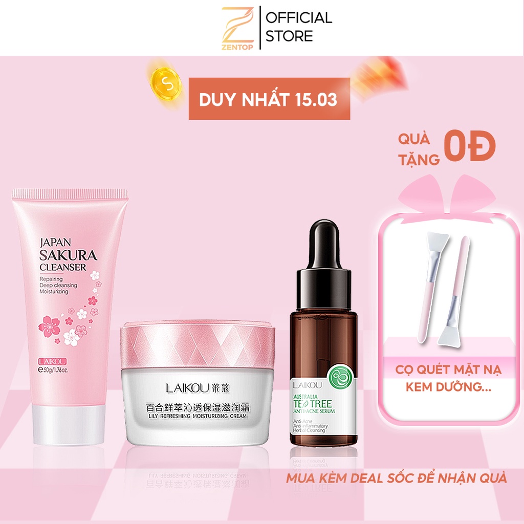 Sét chăm sóc da giảm mụn đơn giản Laikou gồm sữa rửa mặt kem dưỡng serum ngừa mụn giúp da chắc khỏe mịn màng Zentop