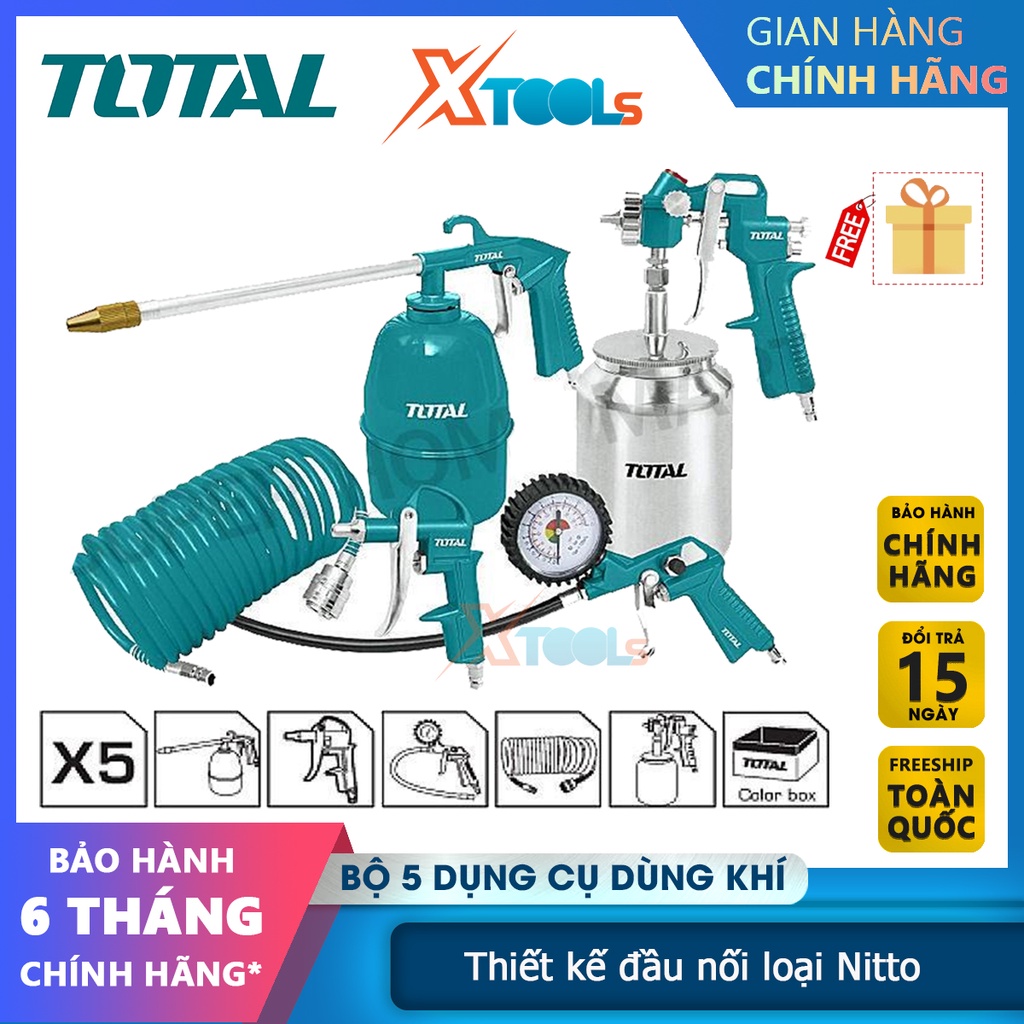 Bộ 5 công cụ dùng khí TOTAL TATK051-3, gồm dây hơi PU, súng thổi khí, súng phun sơn, bơm lốp xe [CHÍNH HÃNG][XTOOLS]