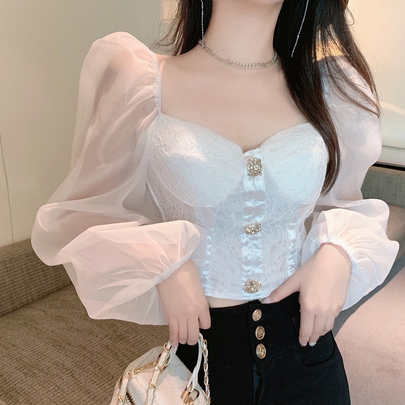 Áo kiểu tay phồng cổ vuông phối ren màu trắng phong cách Pháp thời trang thu đông cho nữ