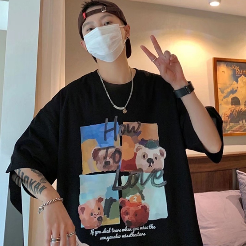 Áo Thun Tay Ngắn Dáng Rộng In Họa Tiết Hoạt Hình Chú Gấu Phong Cách Hip Hop Thời Trang Mùa Hè Cho Nam Và Nữ