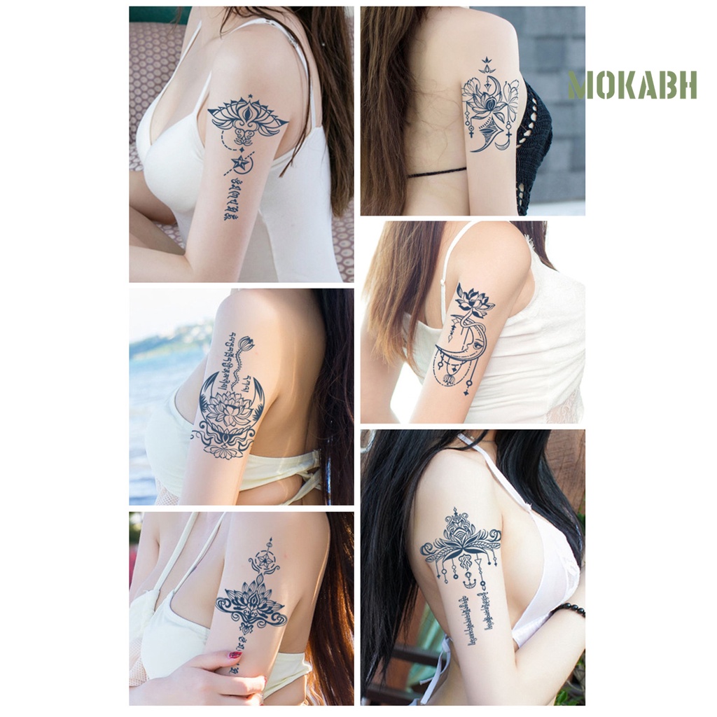 Hình Xăm Dán Tạm Thời Hình Hoa Sen Màu Đen Chống Thấm Nước Lâu Trôi