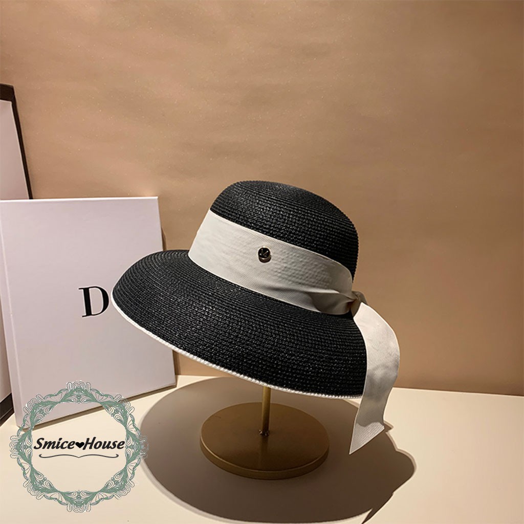 Mũ chụp đèn Hepburn retro phong cách Pháp/ nón cói chuông rộng vành chống nắng đi biển du lịch mùa hè thắt nơ bản to