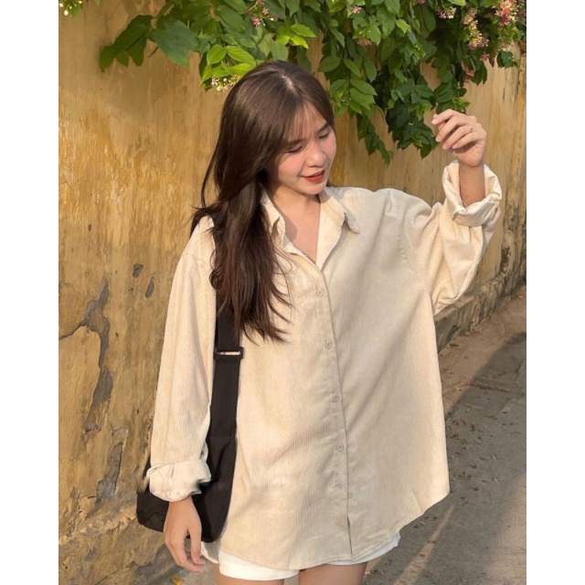 Áo Sơ Mi Tay Dài Chất Nhung Tăm Form Rộng Ulzzang Hàn Quốc