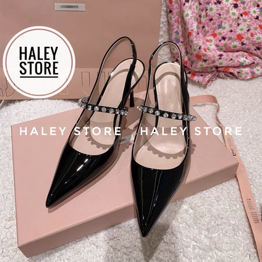 Giày sandal cao gót 7cm HALEY STORE bít mũi nhọn quai đính đá 1 bóng xoàn lấp lánh tiểu thư công chúa đi tiệc rẻ đẹp
