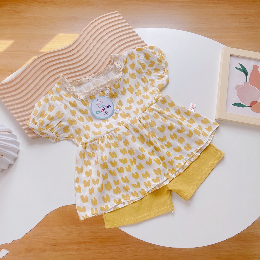 Bộ cộc tay bé gái, bộ quần áo chất thô đũi cổ vuông viền ren dáng babydoll cho bé