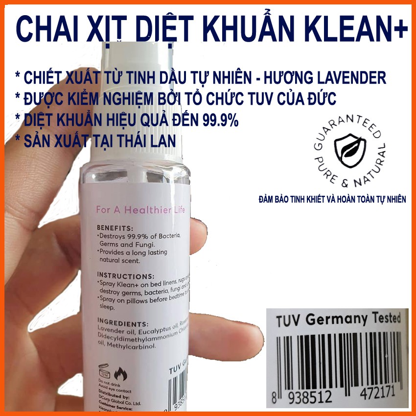 CHAI XỊT DIỆT KHUẨN VÀ KHỬ MÙI KLEAN+ SẢN XUẤT TẠI THÁI LAN, DUNG TÍCH 30ML