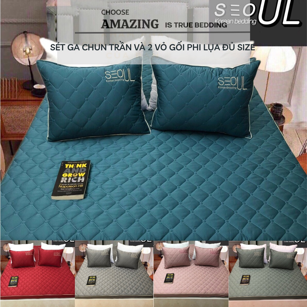 Ga chun trần bông kèm 2 vỏ gối đầu chất liệu phi lụa cao cấp cho đệm dưới 20cm