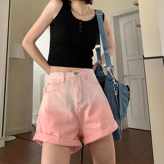 Quần Short Denim Màu Hồng Gradient Lưng Cao Dáng Ôm Dễ Phối Đồ Thời Trang Mùa Hè Mới Cho Nữ