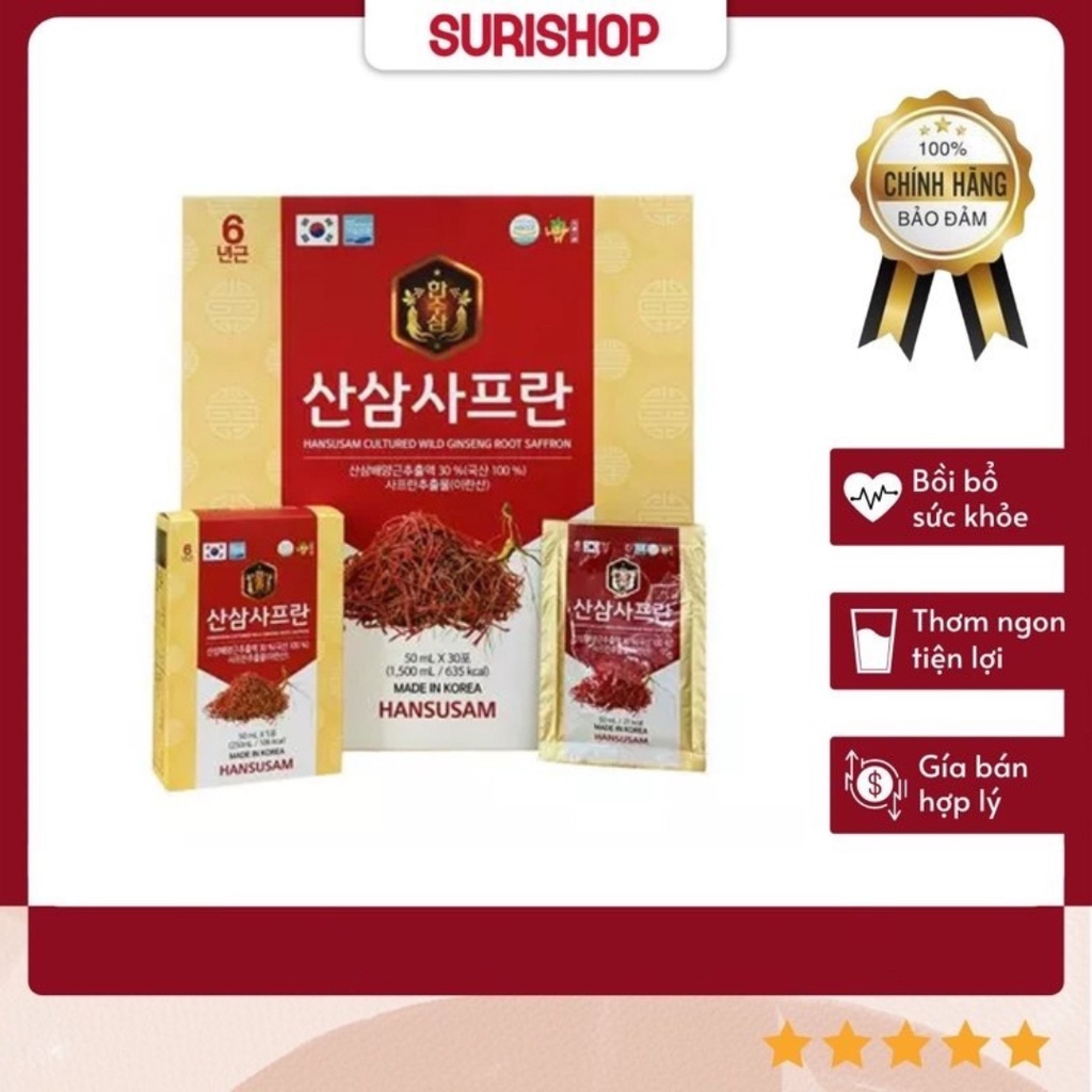 Nước Hồng Sâm Nhụy Hoa Nghệ Tây Korean Red Ginseng Saffron Hansusam Hàn Quốc Hộp 30 Gói X 50ml
