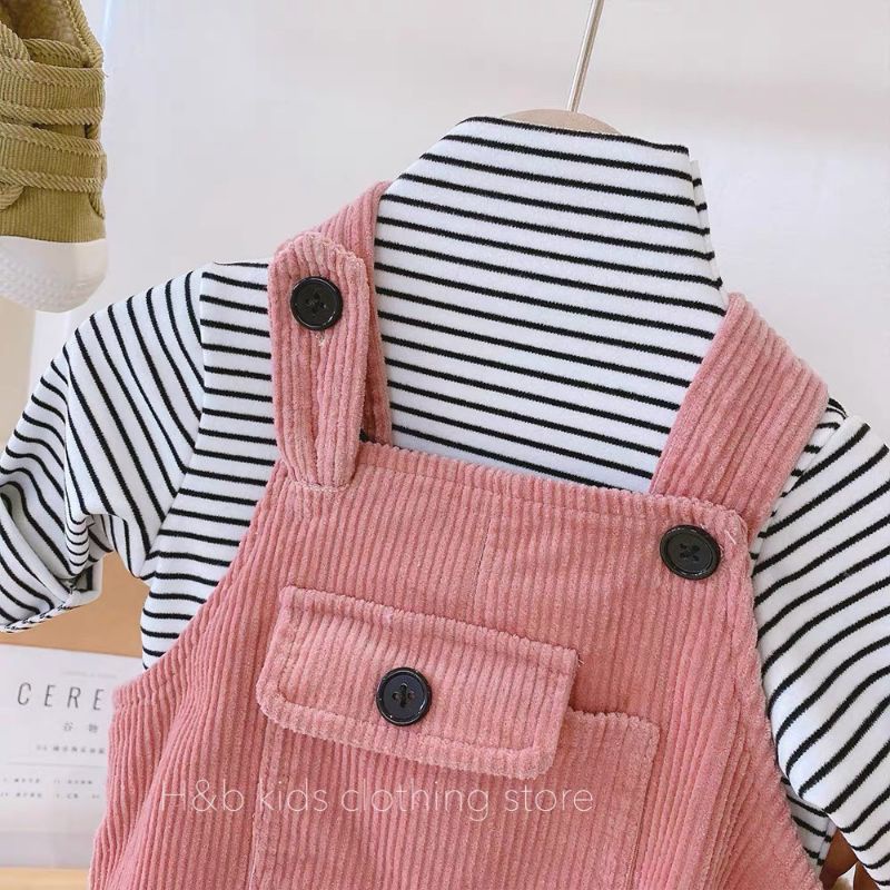 Yếm nhung tăm phối áo kẻ zip hàn siêu cute cho bé yêu