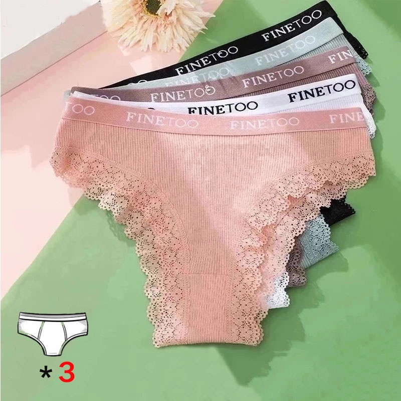 Cute Byte Bộ 3 Quần Lót Cotton Lọt Khe Phối Ren Phong Cách Brazil Dễ Thương Thời Trang Quyến Rũ Cho Nữ Plus Size M-2XL