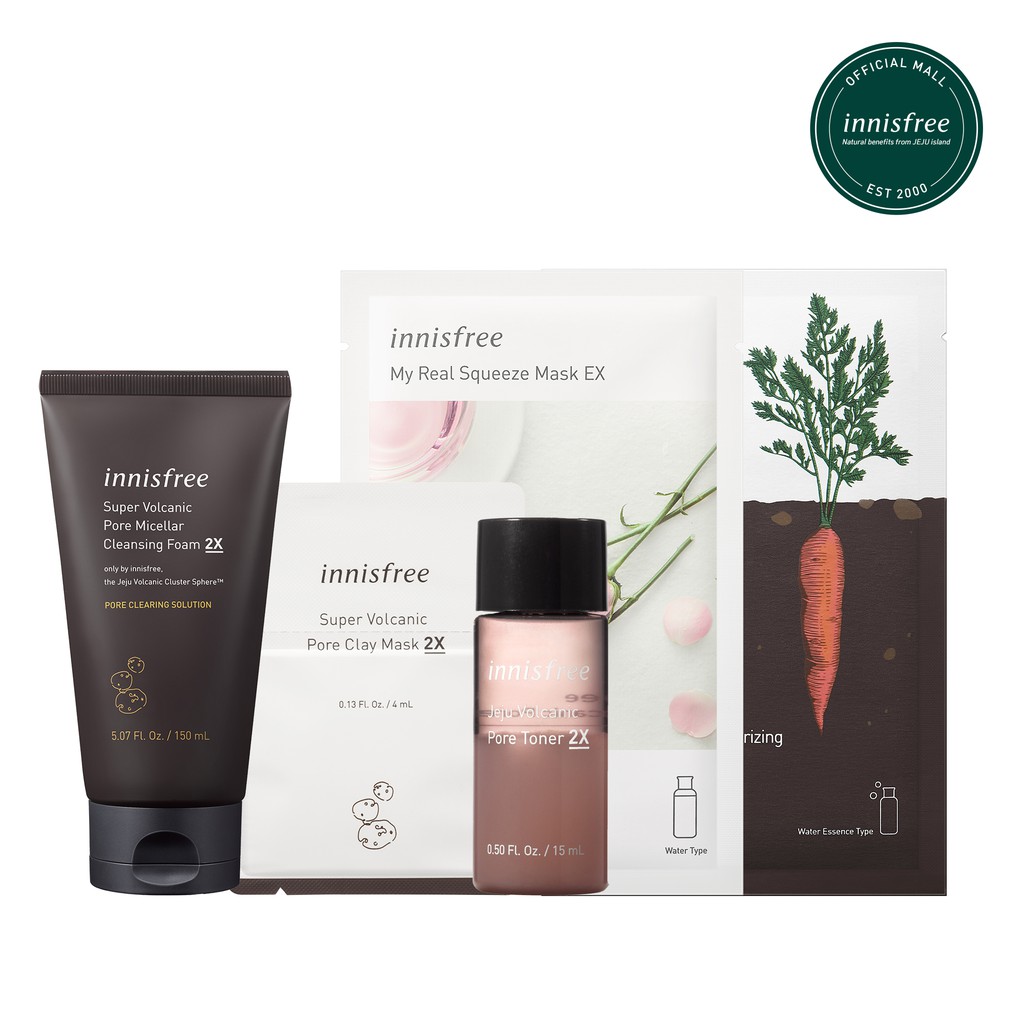 Bộ chăm sóc kiểm soát bã nhờn và thu nhỏ lỗ chân lông innisfree Jeju Super Volcanic Pore Micellar Cleansing Foam 2X Set