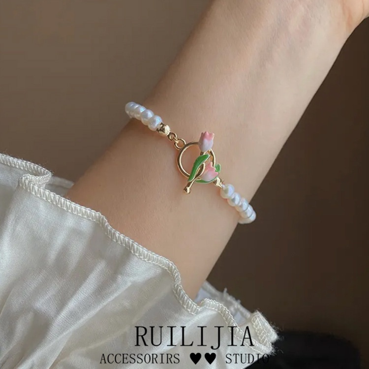 Vòng Cổ Choker Ngọc Trai Mặt Hoa Tulip Hồng Ngọt Ngào Thanh Lịch Cho Nữ