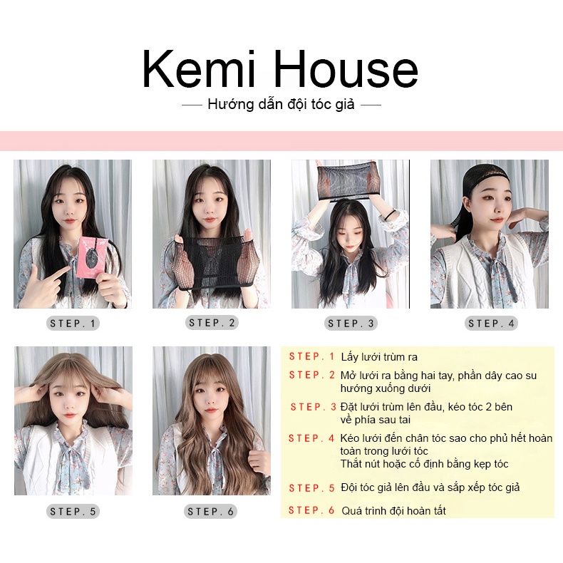 Tóc giả nữ kèm mũ tai bèo vải len, tóc giả nguyên đầu thẳng dài kết hợp nón lông cừu