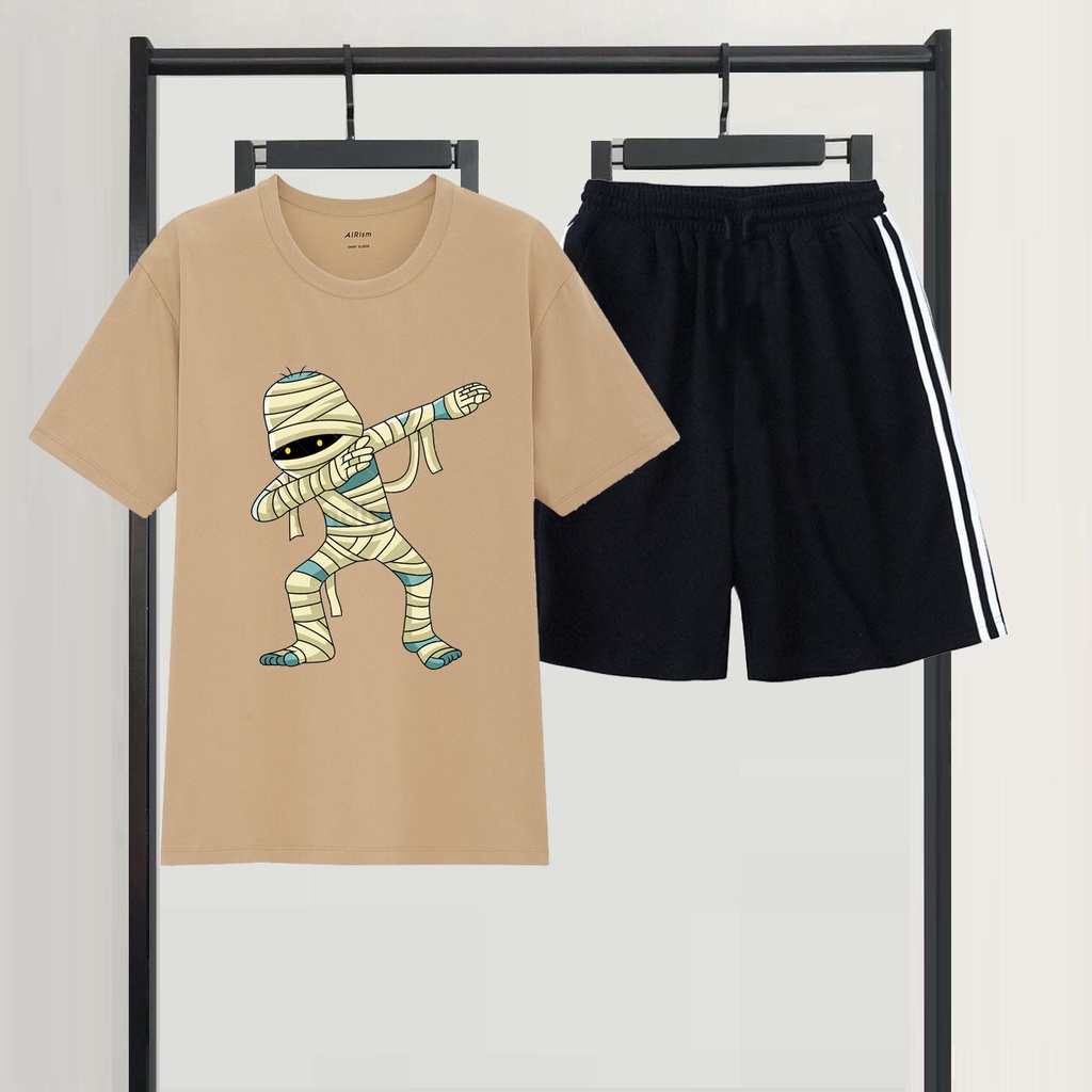 Set Bộ Đồ Đùi Hè Trẻ Trung Năng Động Nam Nữ Mặc Đi Chơi,Áo Cotton In 3D Người Băng Hip Hop Kèm Quần Đùi 3 Sọc