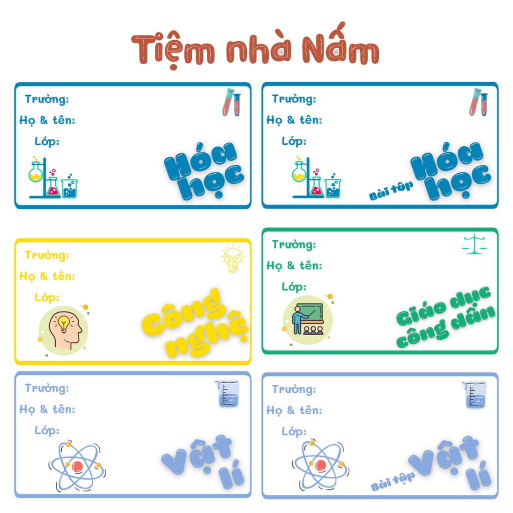 Combo Nhãn Vở Thiết Kế Theo Tên Môn Học, Bong Bóng Hình Theo Môn Học