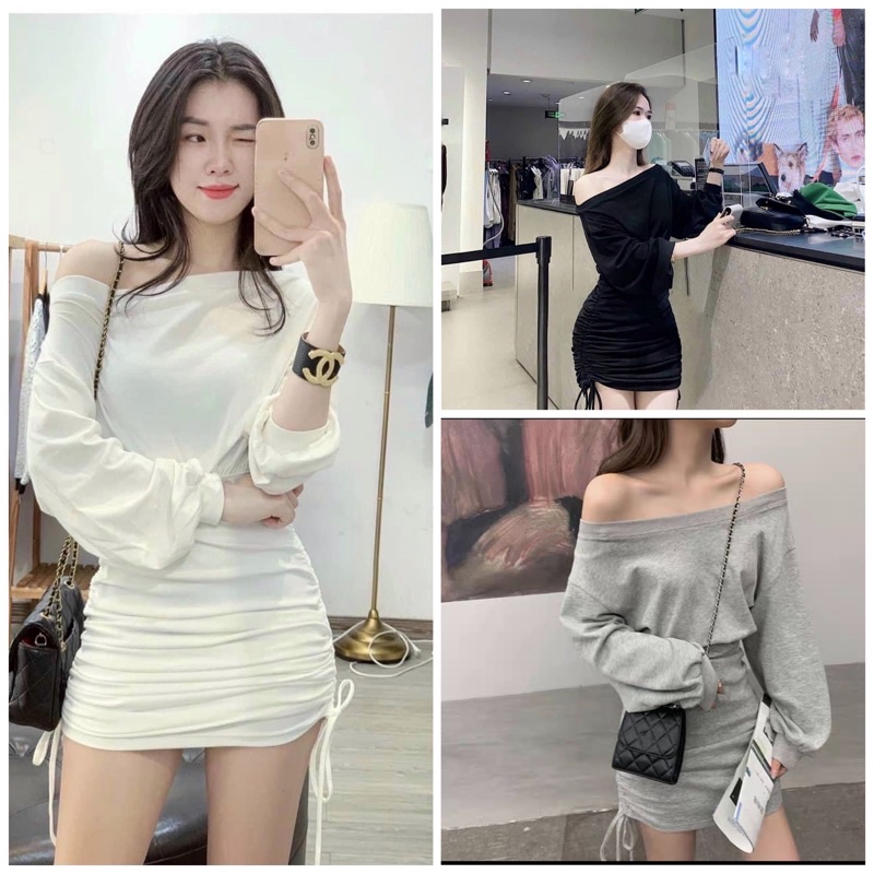 Váy Body Trễ Vai Nhún Đầm Ôm Body Rút Dây Hai Bên Phong Cách Thời Trang Nữ