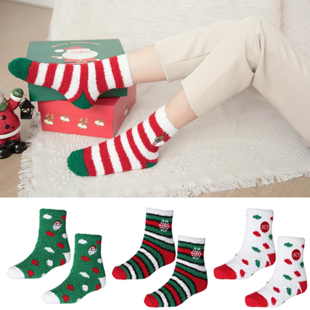 Vớ Lông Cừu San Hô Dày Giữ Ấm Mùa Thu Đông Họa Tiết Sọc Ông Già Noel Cho Nữ