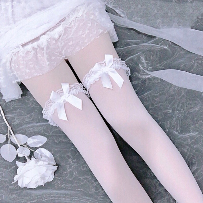 Vớ cao đến đùi phong cách Lolita phối ren ngọt ngào đính nơ cho nữ