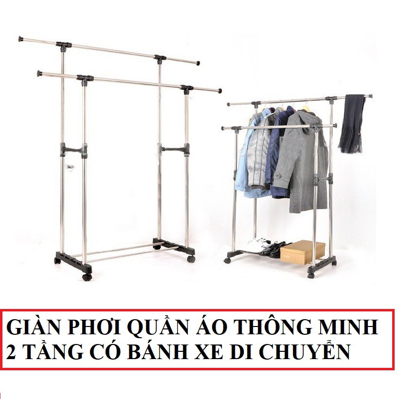 Giàn phơi inox đôi lắp ráp 2 tầng có bánh xe di chuyển, Kệ để giày dép phơi quần áo thông minh - Sào phơi đồ 2 tầng inox