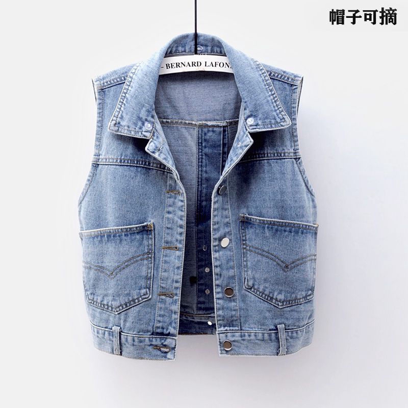 Áo khoác jean denim sát nách ngắn có nón mỏng dáng rộng đa năng thời trang xuân thu mới cho nữ 5XL