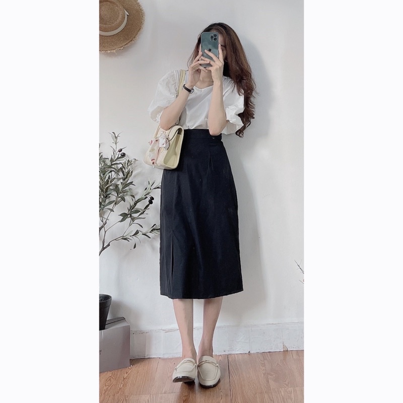 Chân váy kaki xẻ tà 3 màu size SM (hàng sẵn)