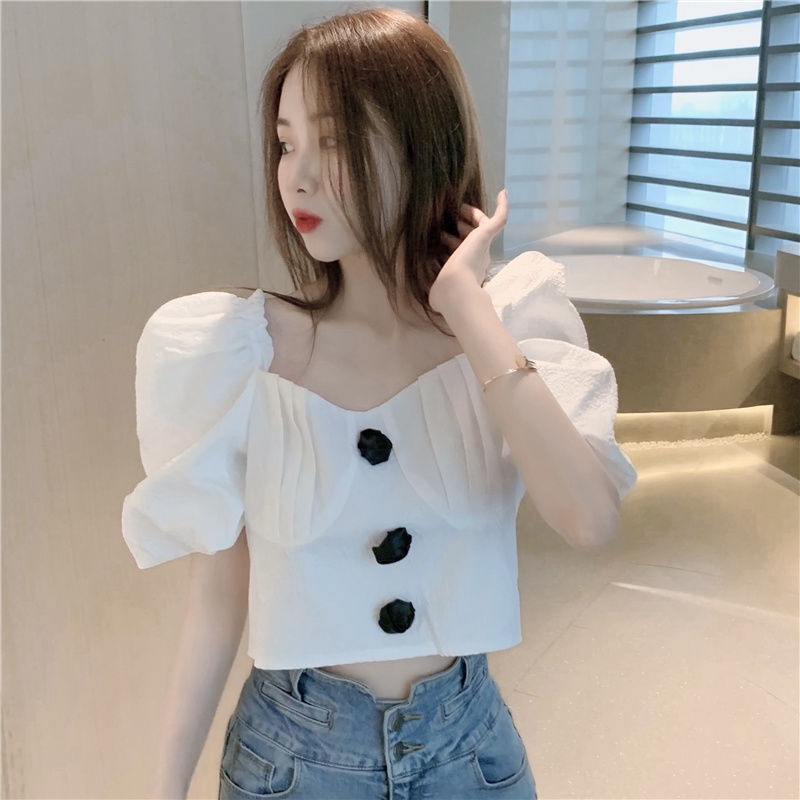 AMOI Áo Kiểu Cổ Vuông Tay Phồng Họa Tiết Sọc Caro Phong Cách Pháp Thời Trang Cho Nữ