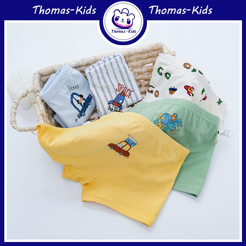[THOMAS KIDS] 3-12 Tuổi Set 5 Quần Lót Boxer Cotton Thoáng Khí In Họa Tiết Hoạt Hình Cho Bé Trai