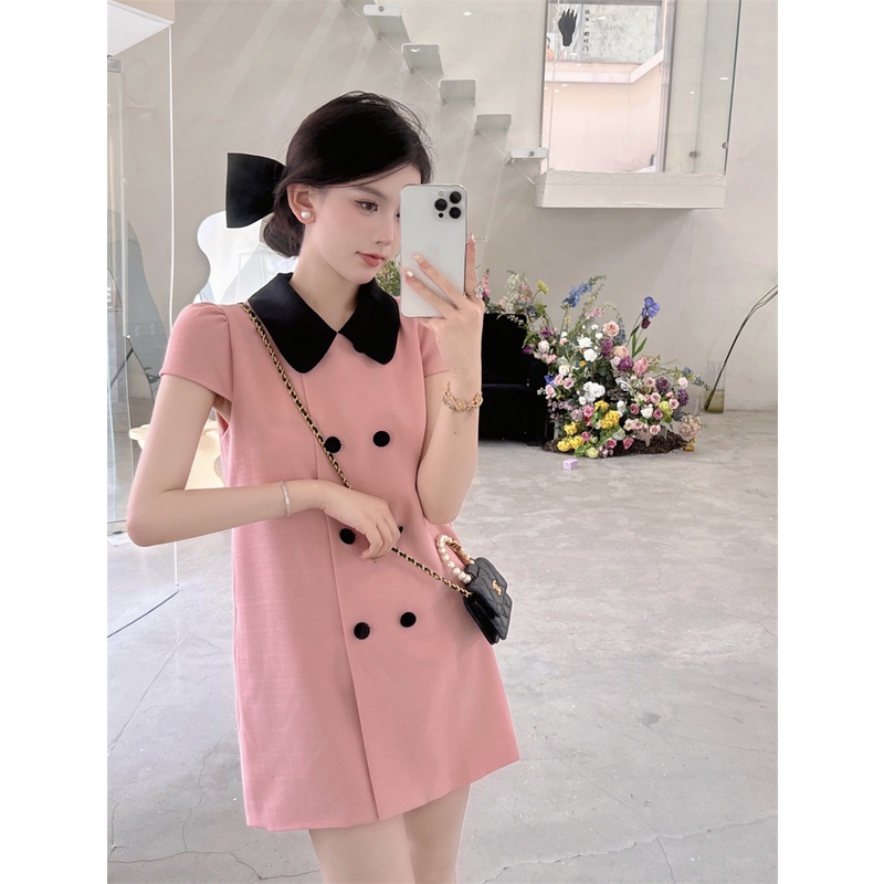 Đầm Nữ Ngắn Tay Ôm Dáng Hai Hàng Nút Cài Màu Sắc Tương Phản Phong Cách Pháp