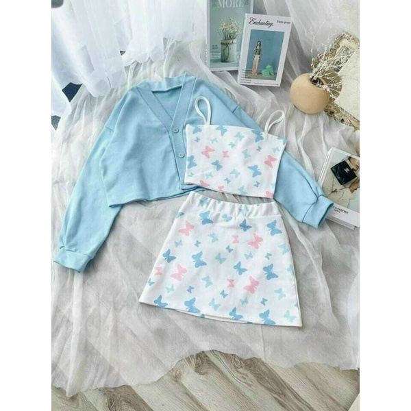 Set Ba Món Áo Hai Dây Croptop - Chân Váy A  Kèm Áo Khoác hoạ tiết bướm 🦋🦋🦋🦋Ma:N97789