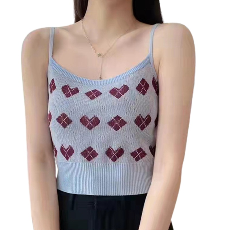 Brroa Áo Croptop Dệt Kim Hai Dây Không Tay Họa Tiết Trái Tim Kim Cương Tương Phản Cổ Điển Mùa Hè Cho Nữ