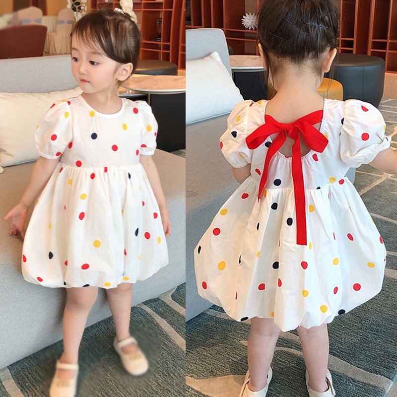 Đầm Công Chúa Tay Phồng Ngắn Cổ Tròn Lưng Cột Dây Họa Tiết Chấm Bi Thời Trang Mùa Hè Cho Bé Gái