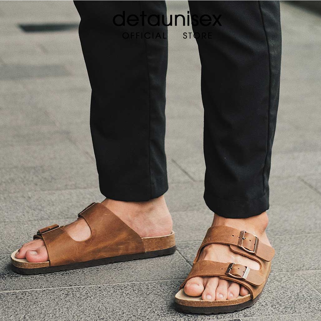 Dép Birken đế trấu da bò thật quai ngang 2 khóa cao cấp thương hiệu Detaunisex màu Bò - DEBO21