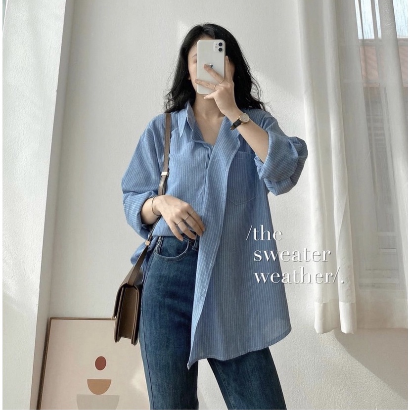 Áo sơ mi kẻ dài tay Hàn Quốc oversize siêu đẹp, áo sơ mi sọc tay dài vạt chéo