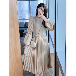 Váy pha thân len maxi kèm đai chân dập ly