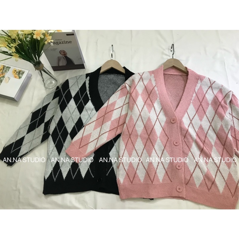 Áo khoác len Cardigan hoạ tiết kim cương dáng suông form rộng