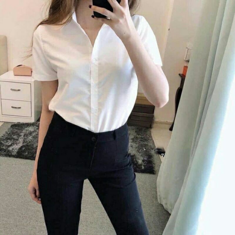 Áo sơ mi trắng nữ ngắn tay chất kate sợi tre rất mát, may kỹ form công sở, học sinh (màu trắng tinh)