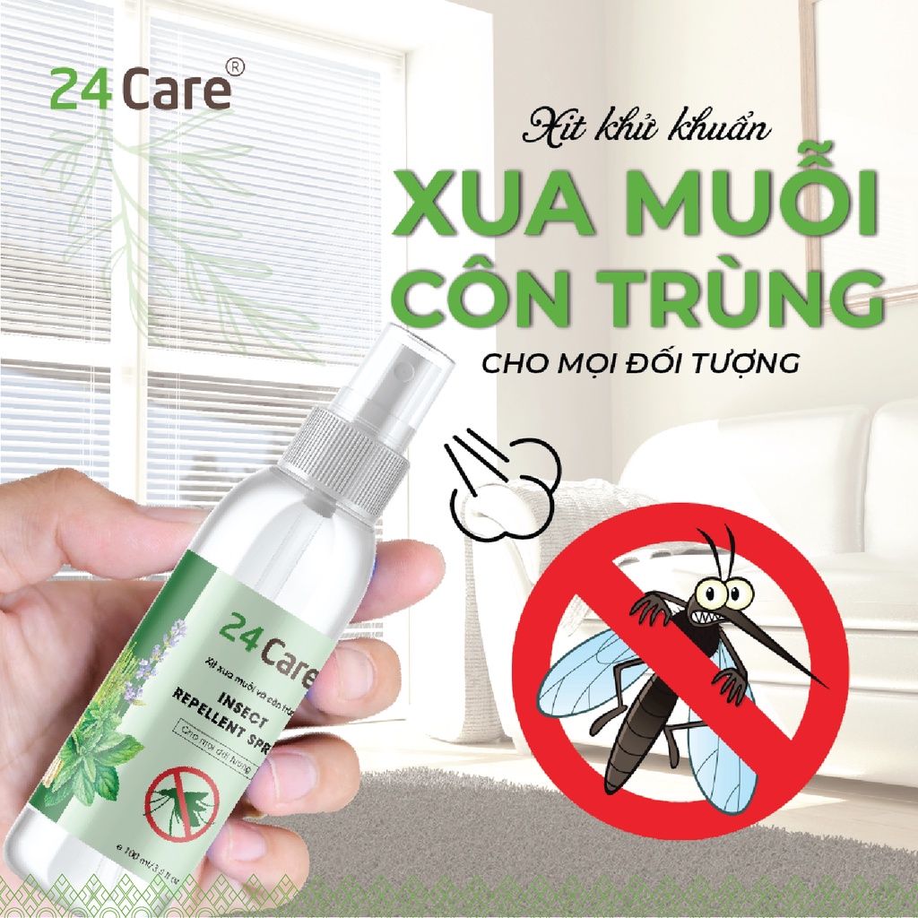 Xịt xua đuổi muỗi và côn trùng 24care 50ml/100ml, an toàn sức khỏe, chiết suất thiên nhiên